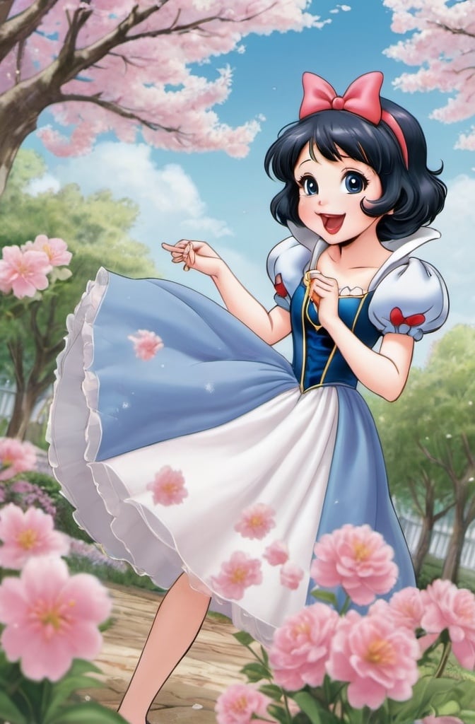 Prompt: kinomoto sakura, garden, flowers, two side up, dressing up as Snow White from Disney,
((Dress)), happy, open mouth,CLAMP, shojo, shoujo, manga, cute, pastel, soft, sakura, kinomoto