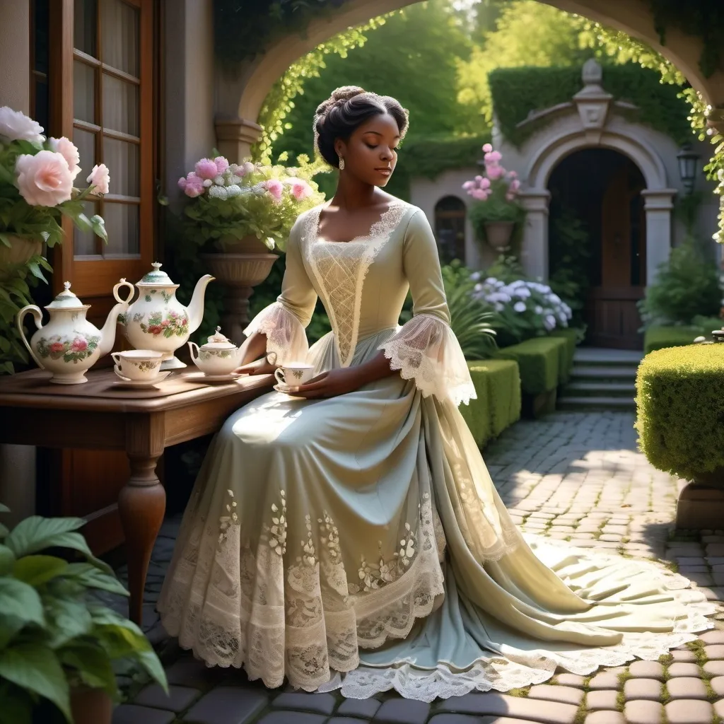 Prompt: woman wearing a tea-gown, year 1905. Garden patio. Lace. frills. realistic. 
Dark skinned noble,