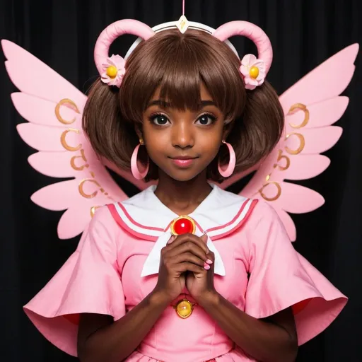 Prompt: Me as Cardcaptor Sakura,
Dark skinned girl,
Cardcaptor Sakura style,