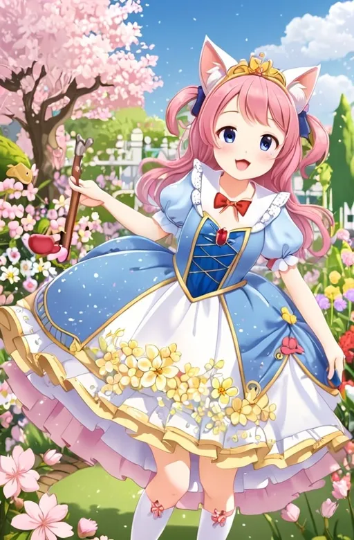 Prompt: anime, girl, detailed, pink hair, shy, cat ears, very detailed kinomoto sakura, garden, flowers, two side up, dressed up as Snow White from Disney,
((Dress)), happy, open mouth,CLAMP, shojo, shoujo, manga, cute, pastel, soft, sakura, kinomoto,
