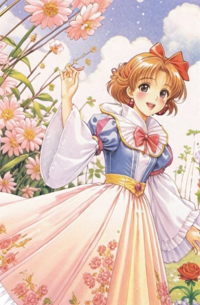 Prompt: kinomoto sakura, garden, flowers, two side up, dressing up as Snow White from Disney,
((Dress)), happy, open mouth,CLAMP, shojo, shoujo, manga, cute, pastel, soft, sakura, kinomoto,
Cardcaptor Sakura, 1990s anime series or manga,