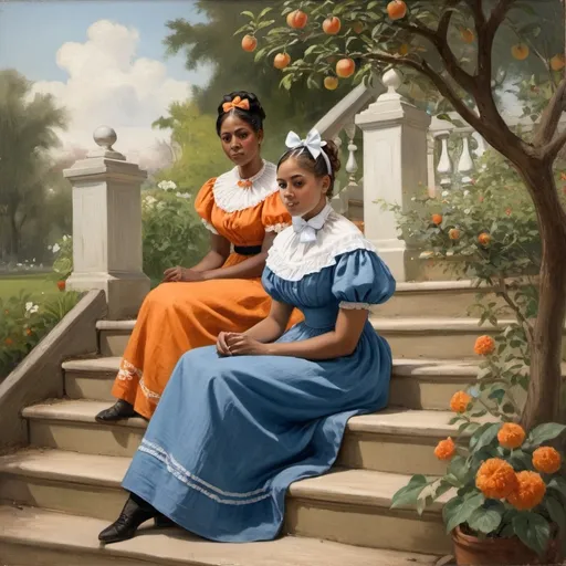 Prompt: Victorian painting of a  mixed African American and Mexican woman sitting on stairs, in a garden. She is wearing a blue linen dress with a white bow and her orange hair in a chignon. Apparent brush strokes. We can see a small apple tree in bloom.