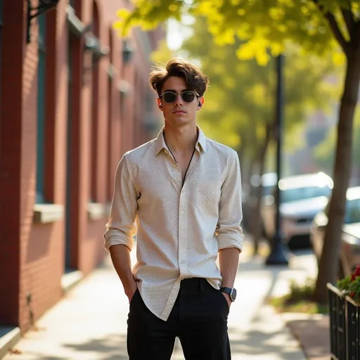Prompt: Bathed in warm sunlight, a young man stands confidently on a sidewalk, framed by a backdrop of rustic red brick buildings and a tree adorned with green and yellow leaves. He sports a light, patterned button-up shirt with the collar slightly open, and relaxed black pants that complement his casual vibe. His stylish sunglasses and earbuds hint at a sense of modernity, while his slightly tousled hair adds a playful touch to his appearance. The scene conveys a serene, carefree atmosphere, blending elements of nature and urban life in a harmonious, sunny setting.