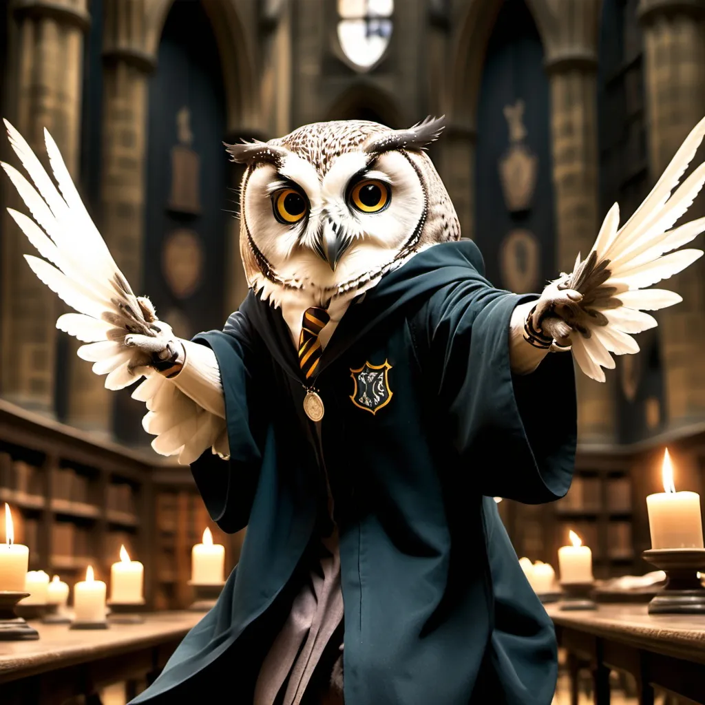 Prompt: a University of Rice owl in harry potter doing magic fight