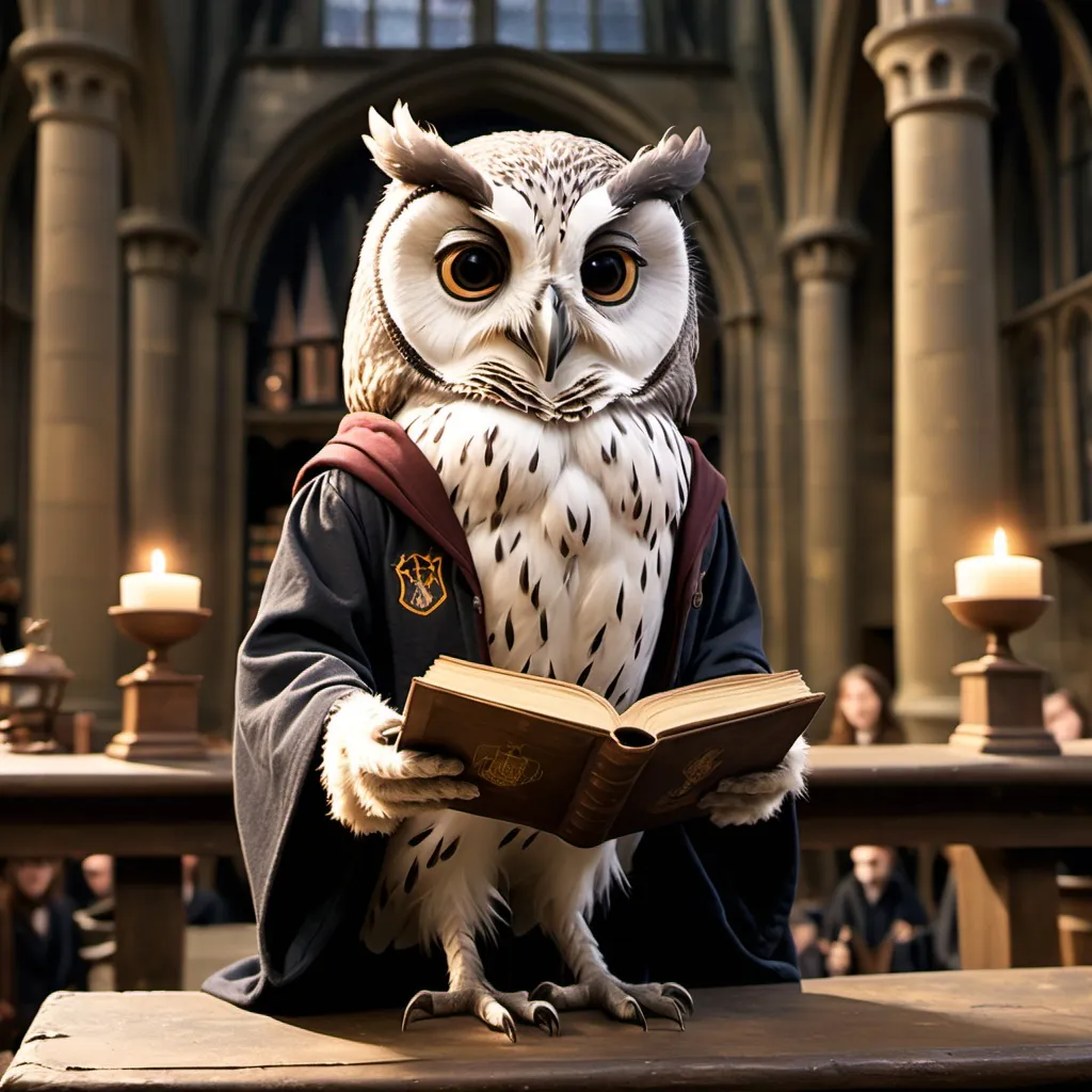 Prompt: a University of Rice Owl in a Harry Potter movie doing magic