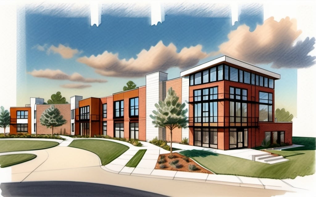 Prompt: Modern residential multifamily building with sunshades and patio, aluminum paneling, brick detailing, midcentury-modern architecture, high quality, warm color tones, natural lighting, architectural pencil draft drawing, contemporary, detailed brickwork, sleek design, professional, light watercoloring, midcentury-modern, detailed shading, architectural pencil drawing, warm tones