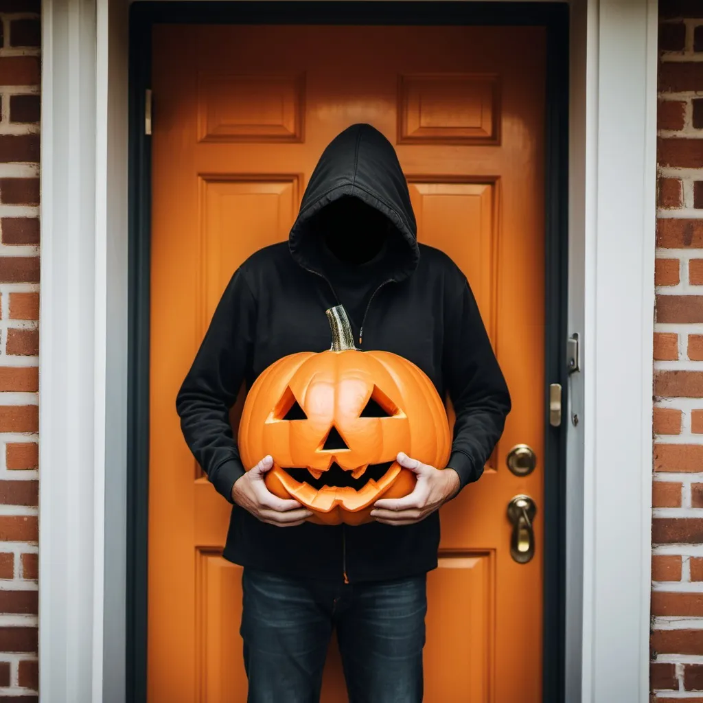 Prompt: Show a man wearing pumpkin on his knocking on a door. This is for Halloween Knock Knock Jokes