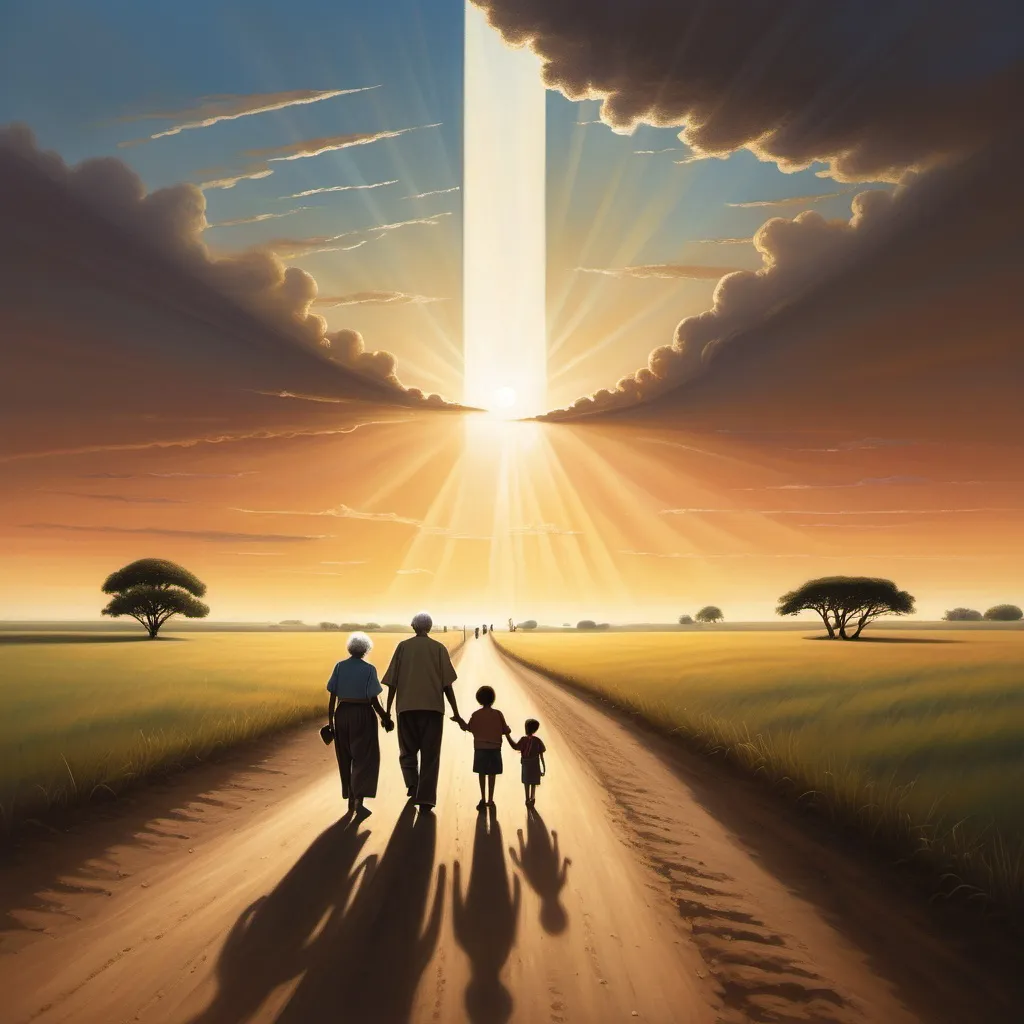 Prompt: (winding dirt road), leading towards the horizon, shadows enveloping the sides, (three generations of people walking together) - an elderly figure, a thoughtful middle-aged person, and a lively child’s silhouette, embodying the legacy of life. (sunrise or sunset) in the distance, rays creating a cross shape in the sky, symbolizing hope and revival, flanked by lush fields, trees, or mountains, evoking the beauty of nature and a hopeful atmosphere, (highly detailed, cinematic atmosphere, warm colors, 4K).