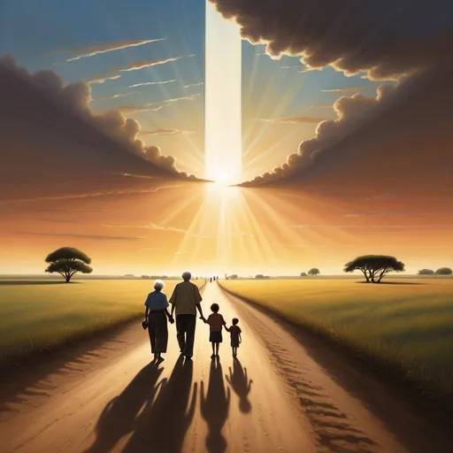 Prompt: (winding dirt road), leading towards the horizon, shadows enveloping the sides, (three generations of people walking together) - an elderly figure, a thoughtful middle-aged person, and a lively child’s silhouette, embodying the legacy of life. (sunrise or sunset) in the distance, rays creating a cross shape in the sky, symbolizing hope and revival, flanked by lush fields, trees, or mountains, evoking the beauty of nature and a hopeful atmosphere, (highly detailed, cinematic atmosphere, warm colors, 4K).