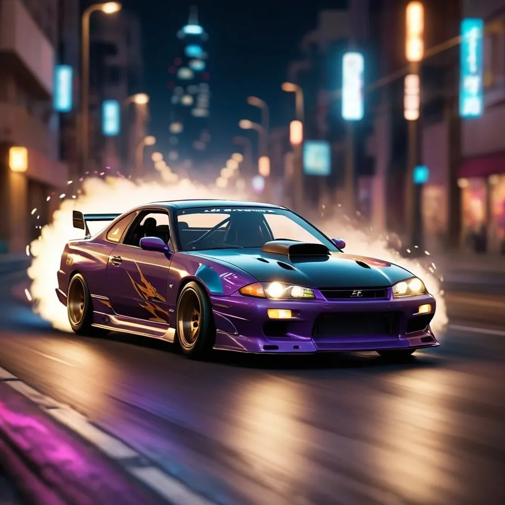 Prompt: A street racer is drifting around the corner. They are in a city full of lights. It is night time