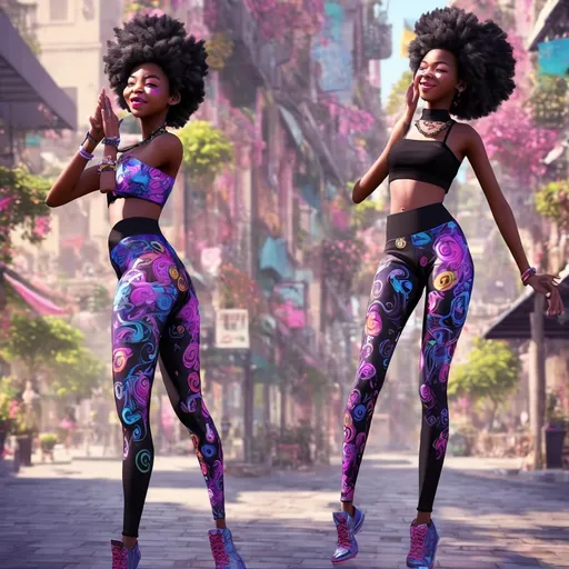 Prompt: (photorealistic) ebony character, wearing stylish leggings, cheerful expression, blowing a kiss to the camera, relaxed outdoor setting, vibrant colors, sunny lighting, focus on joyful atmosphere, high detail, ultra-detailed face, soft shadows.