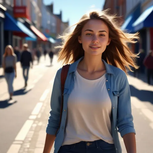 Prompt: realistic, (fit young woman), walking down the high street, natural lighting, relaxed and candid atmosphere, modern urban background, detailed facial features, vibrant colors, clear blue sky, 4K, ultra-detailed texture, sunshine casting gentle shadows, capturing a moment of freedom and confidence in an open setting.