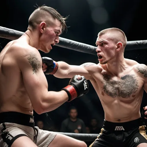 Prompt: A striking, high-resolution photo capturing the intense rivalry between two young men, bulky very glistening pale body tattoed MMA fighters. In the foreground, one fighter, with a steely-eyed glare and a slicked-back hairstyle, is in a commanding position, delivering powerful punches to his opponent's abs. The background reveals a perspiration-drenched mat, accentuating the raw emotion and intensity of the match. The other fighter, a 20-year-old very sweat-drenched athlete, clings on desperately, demonstrating extraordinary determination and resilience amidst the battle. The scene exudes a cinematic, high-stakes atmosphere, making it appear as if the two fighters are locked in a fierce, life-or-death contest., photo, cinematic