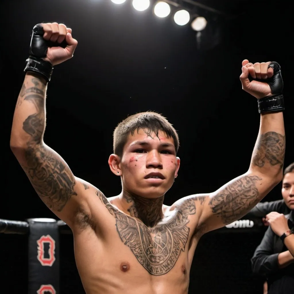 Prompt: A young 19-year-old indigenous MMA fighter raises his arms in victory. His tattooed body shines from the abundant sweat that runs down his slippery body. Signs of the arduous struggle can be seen on his beaten face.