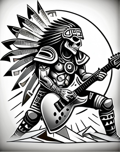 Prompt: A detailed tattoo design of an Aztec warrior with a skull head, wearing traditional Aztec armor, playing an Ibanez electric guitar. The warrior is in a powerful stance, one hand gripping the guitar like a weapon, the other on the fretboard. The background includes Aztec symbols, like the sun and jaguar motifs, with geometric lines and rays emanating from the warrior, combining ancient and modern aesthetics. The tattoo is in bold black ink