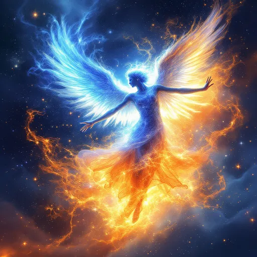 Prompt: Chrom blue and orange angel fire being, dancing in outer space 