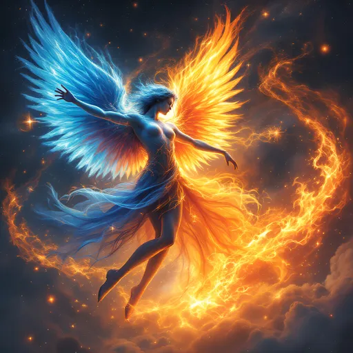 Prompt: Chrom blue and orange androgynous angel fire being, dancing in outer space