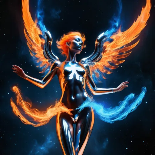 Prompt: Androgynous chrome orange and blue fire angel entity dancing in outer space
