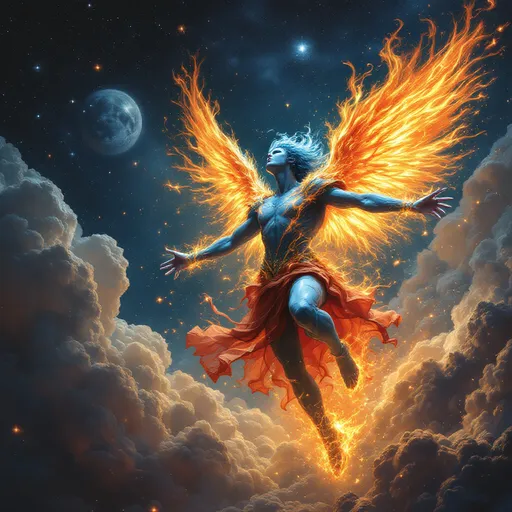 Prompt: Chrom blue and orange androgynous angel fire being, dancing in outer space