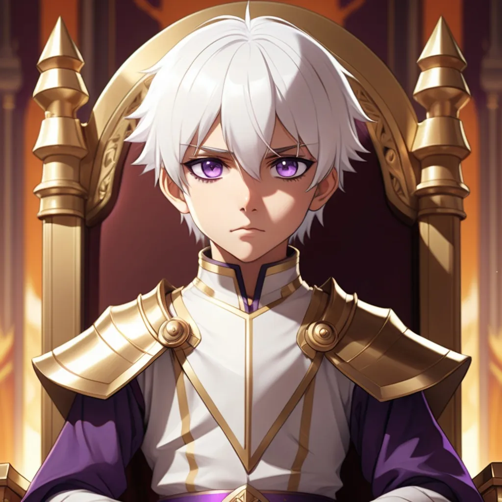 Prompt: Child, White Hair, Gold and Purple Eyes, Neutral Expression, Background is a throne room with warm colors, the art style is the anime fate, slicked back styled hair