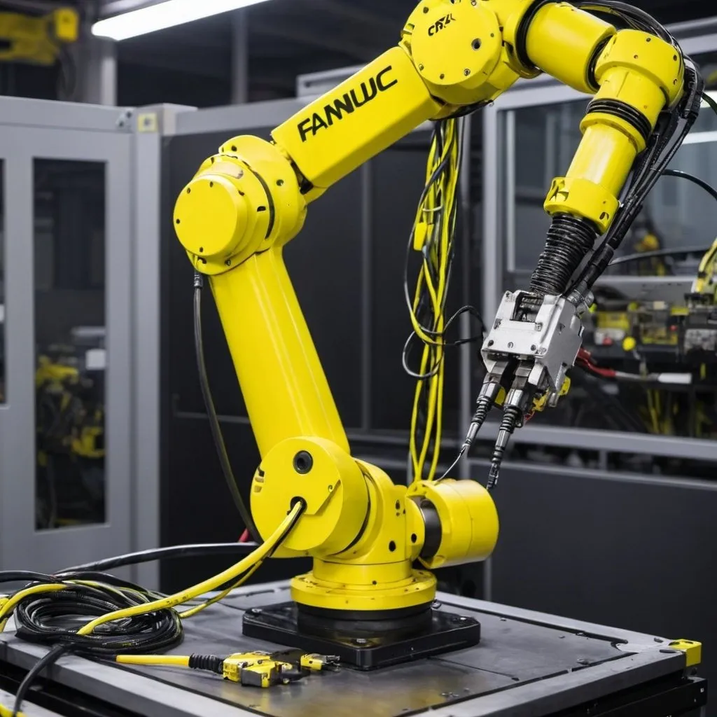 Prompt: Fanuc CRX Robot plugging in its own cables