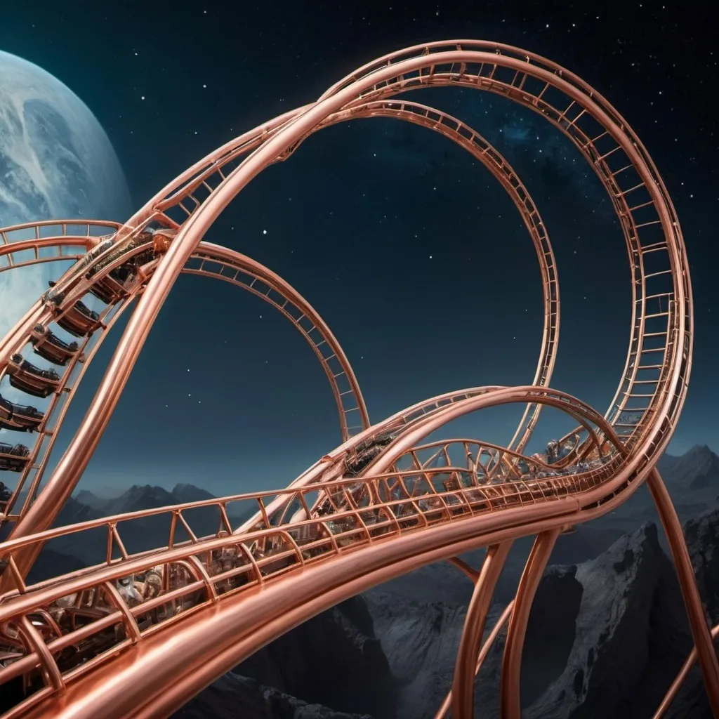 Prompt: Giant futuristic roller coaster made of copper in outer space 