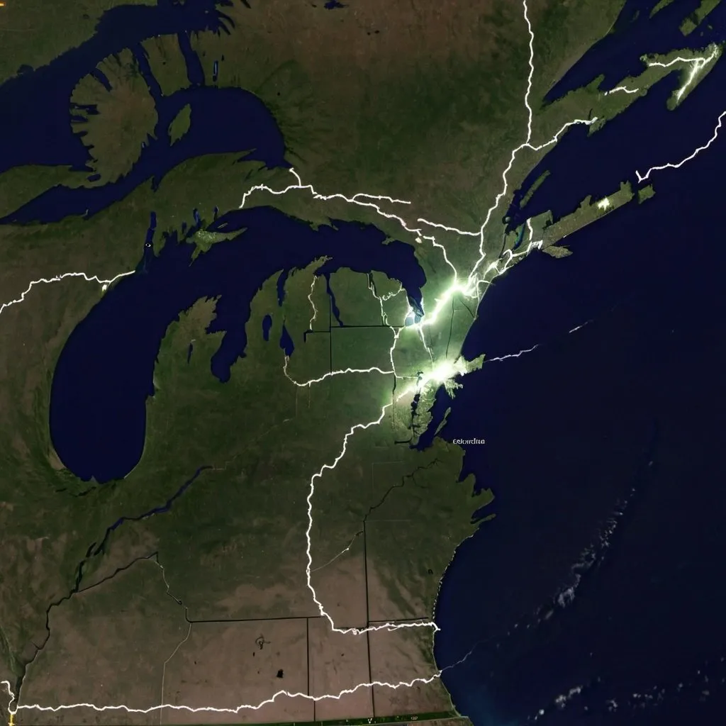 Prompt: satellite view of Michigan United States with Lightning powering the electric  grid