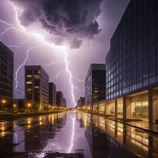 Prompt: lightning storm insulated by gigantic glass city