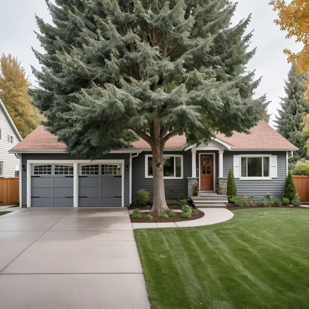 Prompt: A single story house with attached garage and driveway a large Evergreen tree in the front yard, large mulberry tree in the backyard , grey siding, copper clad gutters and downspouts with white trim 