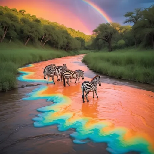 Prompt: An Electric River flowing with orange sherbet colored zebras and fluorescent rainbows
