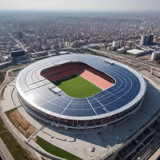 Prompt: A large stadium with retractable solar roof