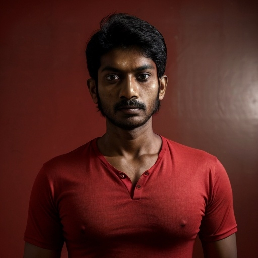 Prompt: a man in a red shirt is posing for a picture with a serious look on his face and chest, Bikash Bhattacharjee, samikshavad, jayison devadas, a picture