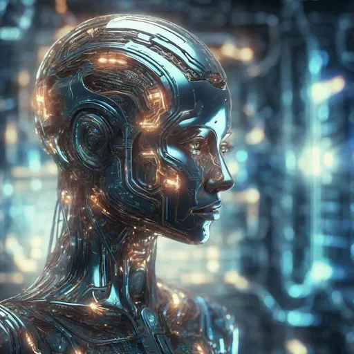 Prompt: Futuristic digital artwork of a sentient AI, metallic sheen, glowing circuitry, ethereal energy, high-tech interface, cybernetic enhancements, 4K resolution, sci-fi, digital art, futuristic, metallic tones, glowing, ethereal, futuristic interface, detailed circuits, sentient design, professional, atmospheric lighting