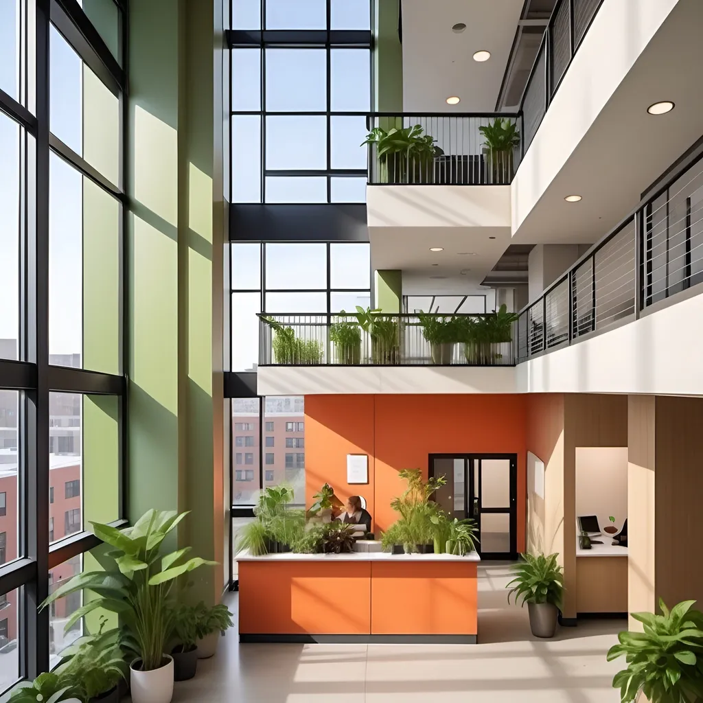 Prompt: tall interior atrium of a converted 8-story office building to residential affordable housing, public spaces on the first four floors, modern architectural design, urban environment, detailed interiors, cozy cafe with plants, highres, professional, pop of color, atmospheric lighting