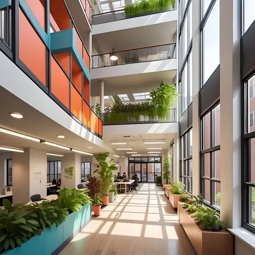 Prompt: tall interior atrium of a converted 8-story office building to residential affordable housing, public spaces on the first four floors, modern architectural design, urban environment, detailed interiors, cozy cafe with plants, highres, professional, pop of color, atmospheric lighting
