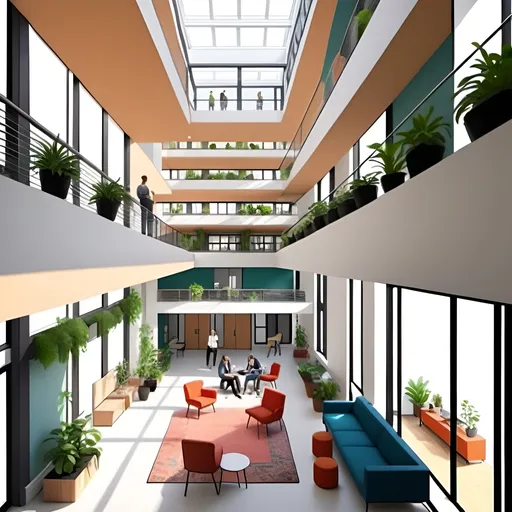 Prompt: tall interior atrium of a converted 8-story office building to residential affordable housing, public spaces on the first four floors, modern architectural design, urban environment, detailed interiors, cozy cafe with plants, highres, professional, pop of color, people and pets, rugs, atmospheric lighting
