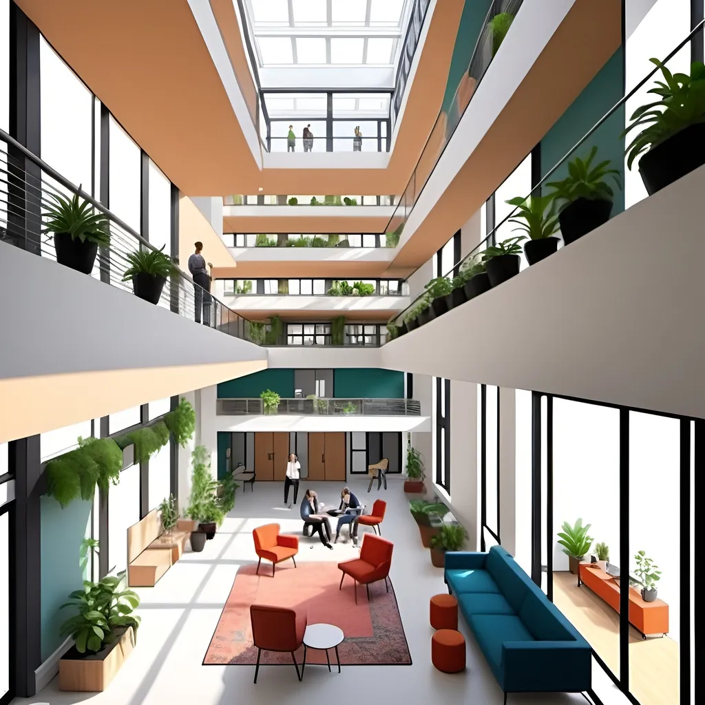 Prompt: tall interior atrium of a converted 8-story office building to residential affordable housing, public spaces on the first four floors, modern architectural design, urban environment, detailed interiors, cozy cafe with plants, highres, professional, pop of color, people and pets, rugs, atmospheric lighting