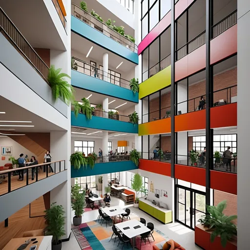 Prompt: tall multi-story interior atrium of a converted 8-story office building to residential affordable housing, public spaces on the first four floors, modern architectural design, urban environment, detailed interiors, cozy cafe with plants, highres, professional, pop of color, people and pets, rugs, dance class, atmospheric lighting
