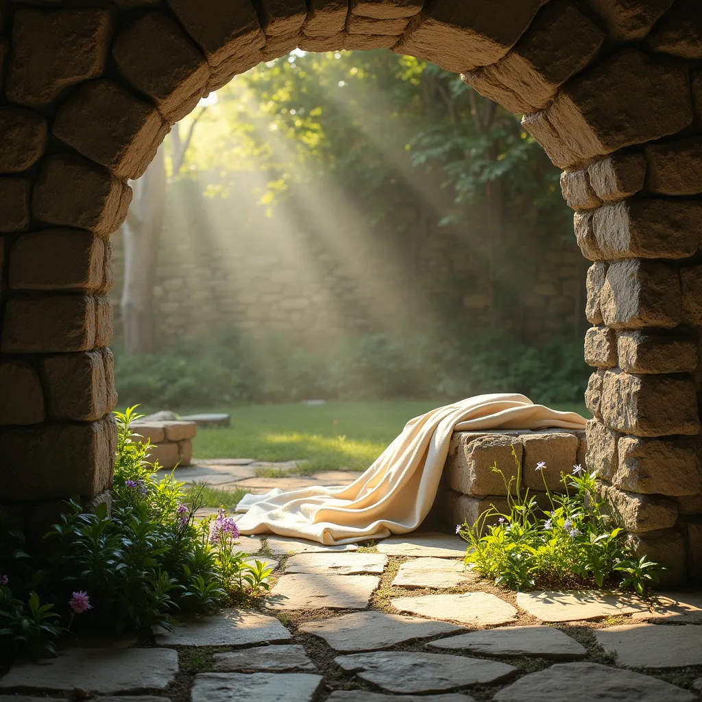 Prompt: I would like an image about the resurrection of Jesus-Christ, displaying an empty tomb, folded shroud. The atmosphere should not be religious but very natural, with natural sunlight. There should be the tomb on the right and the garden on the left of the picture. The folded shroud shall be inside the tomb. We should have the view from the tomb towards the garden.
