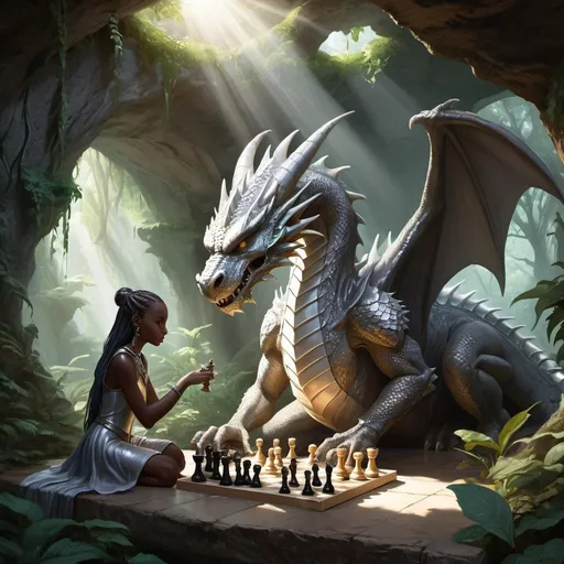 Prompt: A large silver dragon thoughtfully playing chess with a young dark-skinned sorceress. Setting is a lush cave with lots of vegetation and sunbeams shining through the ceiling 