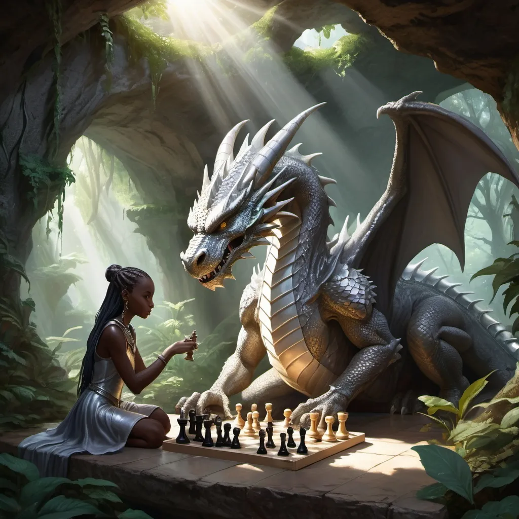 Prompt: A large silver dragon thoughtfully playing chess with a young dark-skinned sorceress. Setting is a lush cave with lots of vegetation and sunbeams shining through the ceiling 