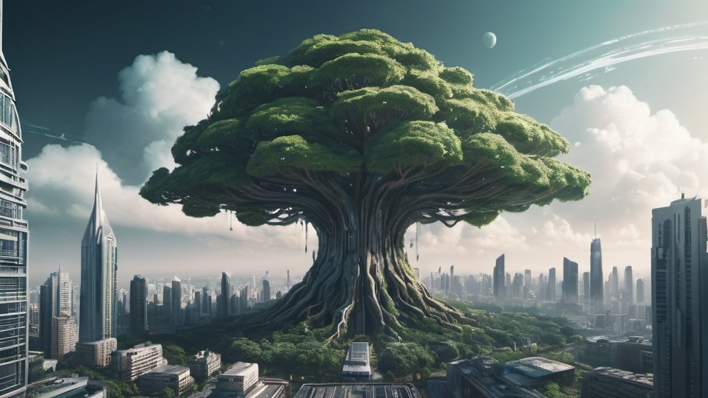 Prompt: A huge tree growing out of a distant futuristic city 