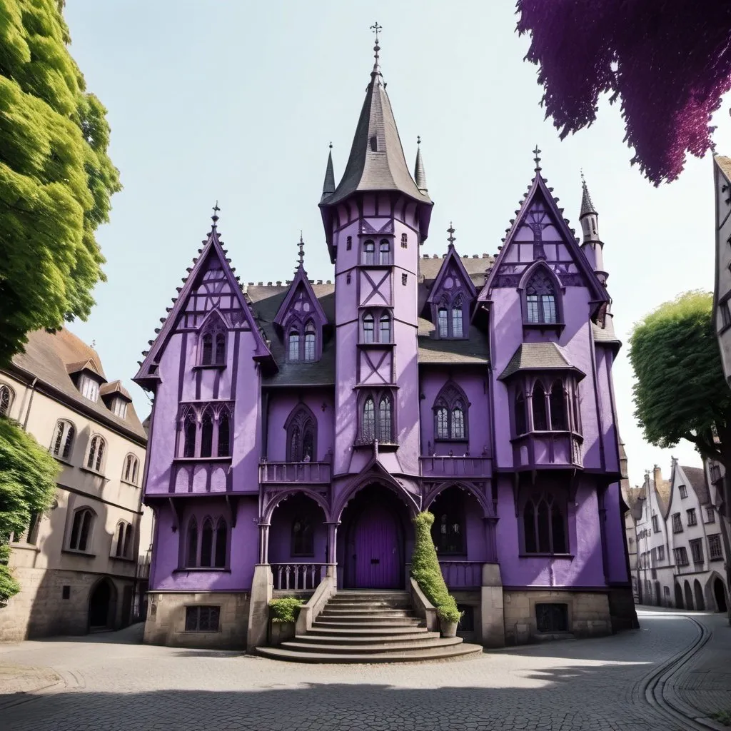 Prompt: purple gothic manor with tree in center in a medieval city from the streets