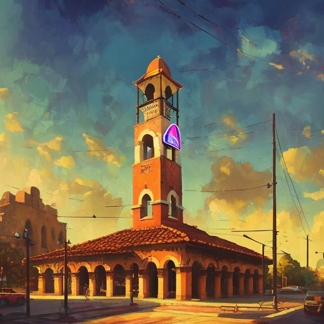 Prompt: Bell tower with Taco Bell logo, vintage oil painting, detailed architecture, warm nostalgic tones, golden hour lighting, high quality, oil painting, vintage, detailed architecture, warm nostalgic tones, golden hour lighting