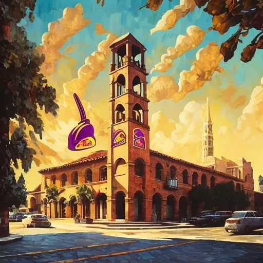 Prompt: 
LARGE Bell tower with TACO BELL logo, vintage oil painting, detailed architecture, warm nostalgic tones, golden hour lighting, high quality, oil painting, vintage, detailed architecture, warm nostalgic tones, golden hour lighting