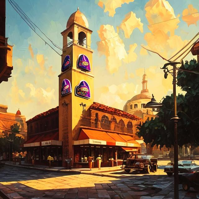 Prompt: Bell tower with Taco Bell logo, vintage oil painting, detailed architecture, warm nostalgic tones, golden hour lighting, high quality, oil painting, vintage, detailed architecture, warm nostalgic tones, golden hour lighting