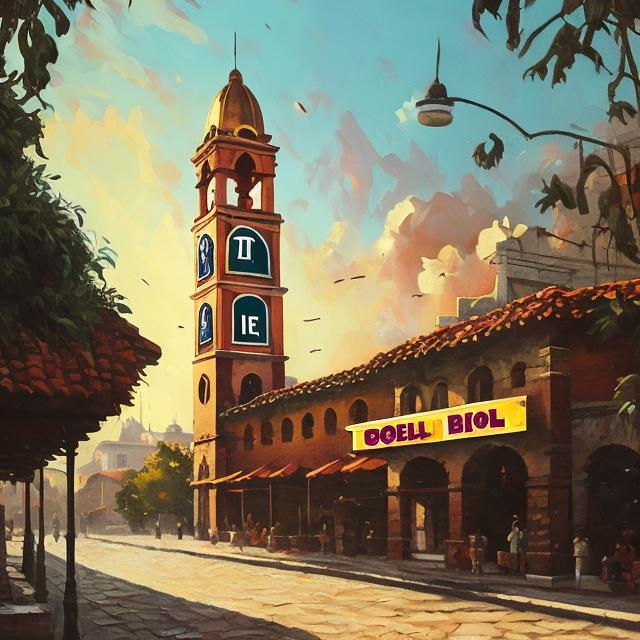 Prompt: Large Bell tower with TACO BELL logo, vintage oil painting, detailed architecture, warm nostalgic tones, golden hour lighting, high quality, oil painting, vintage, detailed architecture, warm nostalgic tones, golden hour lighting