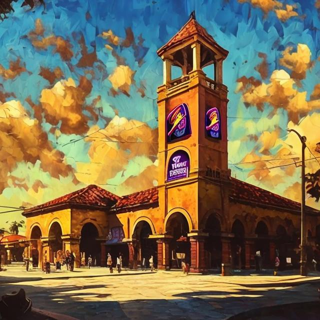 Prompt: Large Bell tower with TACO BELL logo, vintage oil painting, detailed architecture, warm nostalgic tones, golden hour lighting, high quality, oil painting, vintage, detailed architecture, warm nostalgic tones, golden hour lighting