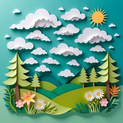 Prompt: Create a paper cut design of a summer season on a green nature landscape. Include a fluffy white clouds on a blue sky background. The landscape should have rolling green hills, and the sky should be vibrant and clear. Use a combination of soft, pastel colors to give the design a light and airy feel. Incorporate details such as trees, flowers.
