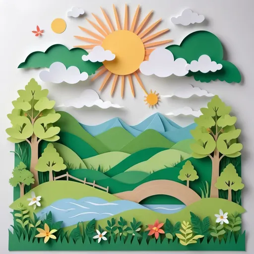 Prompt: Create a paper cut design of a summer season on a green nature landscape. Include a bright sun and fluffy white clouds on a blue sky background. The landscape should have rolling green hills, and the sky should be vibrant and clear. Use a combination of soft, pastel colors to give the design a light and airy feel. Incorporate details such as trees, flowers, and maybe a small river or path to enhance the natural setting.
